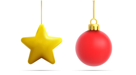 Christmas ornaments featuring a yellow star and red ball hanging on strings isolated on white background with minimal festive holiday design