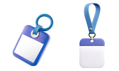 Modern blank ID badge holders with lanyard and keyring isolated on white background for corporate identity branding and mockup use