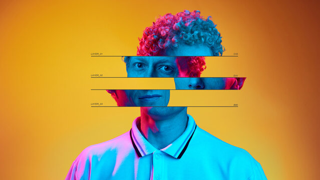 Abstract collage portrait with fragmented face and layered color lighting. Concept of complex identity, emotional tension and modern editorial aesthetics for posters, album covers and digital art.