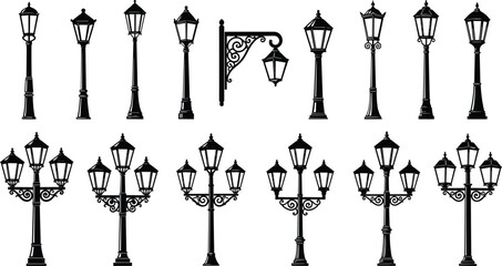 Vintage street lamp collection, classic urban lighting vector, ornate lamp post illustration, architectural decor art, city design graphic, stock set © Tanzila