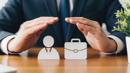 Hands protect person and briefcase on a wooden desk.
