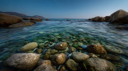 Clear turquoise water reveals colorful pebbles and rocks on a serene coastal shore during twilight with a star filled sky