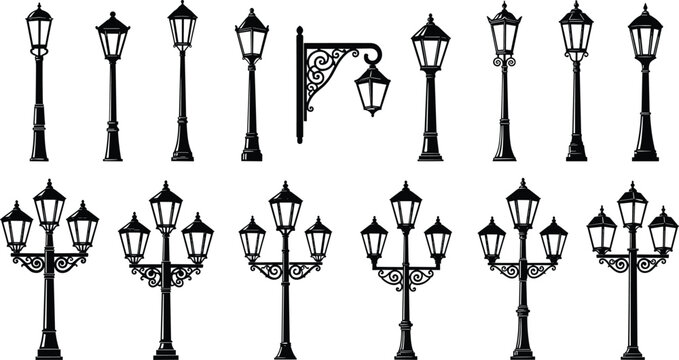 Vintage street lamp collection, classic urban lighting vector, ornate lamp post illustration, architectural decor art, city design graphic, stock set
