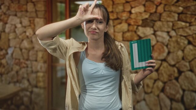 Young woman holding green learner plate at house entrance by doorway making l sign on forehead with skeptical expression; mockery.