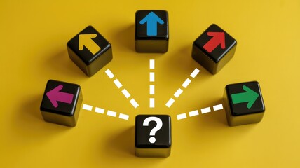 Black cubes question mark and colored arrows on a vibrant yellow background showing many choices