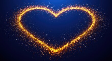 Sparkling heart on a dark blue background, embodying love and warmth with golden particles.