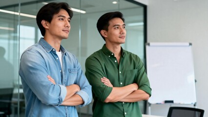 Two men standing with arms crossed in office