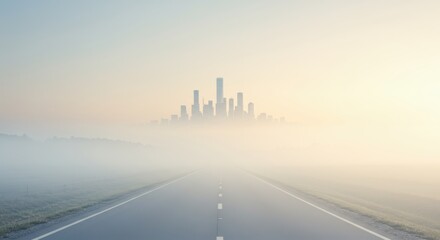 Road to the city skyline obscured by fog, creating a surreal, dreamy cityscape view.