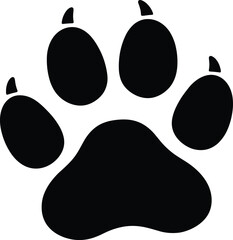 Single black silhouette vector illustration of a large animal paw print with sharp claws isolated on white background for wildlife and nature tracking