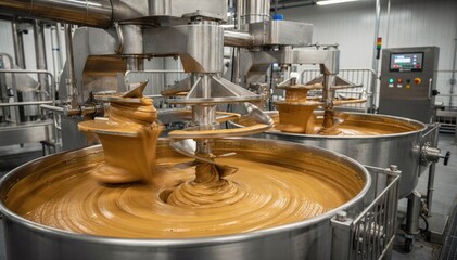 Medium shot of industrial mechanical mixers blending peanut butter to evenly distribute oil showcasing advanced techniques in minimizing oil pooling.