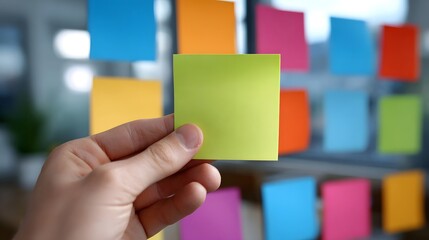 A hand holds a green sticky note against a background of colorful adhesive notes on a glass surface in an office setting