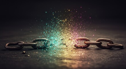 Dramatic image shows a broken chain with sparkling particles erupting from the point of breakage.