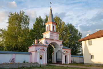 The gates of the Verkhnechusovskaya Trifonova Pustun on a sunny August evening. Krasnaya Gorka (Verkhnechusovskiye gorodki).  Perm Region, Russia