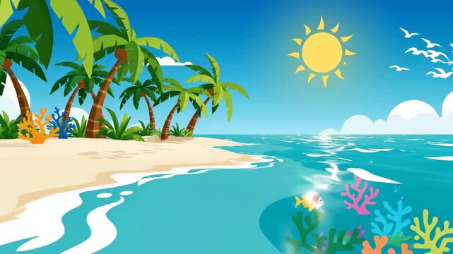 A stunning tropical beach with lush palm trees, bright sunshine, and a vibrant coral reef teeming with marine life, perfect for relaxing vacations and scenic getaways.