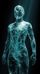 Translucent human figure with visible internal structures, bathed in soft blue light.