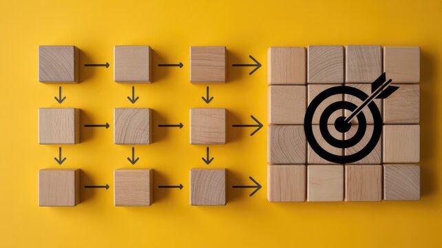 Wooden blocks illustrating a business process flow leading to a clear target goal achievement on a y