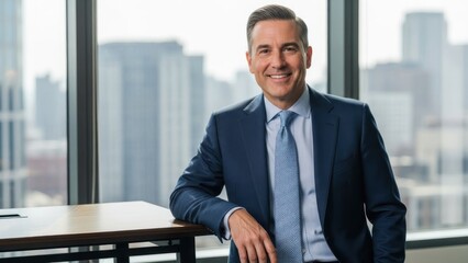 Smiling man in suit leans on desk by window with city view.