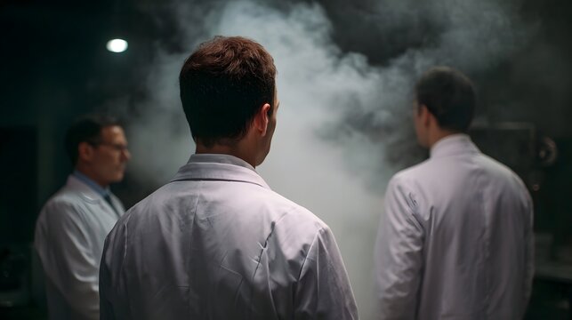 Three scientists in lab coats observe smoke or mist in a dark experimental laboratory setting - Powered by Adobe
