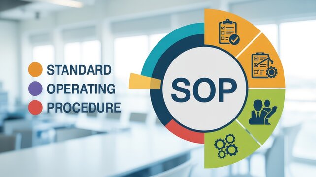 Standard Operating Procedure diagram in a professional office setting with business icons