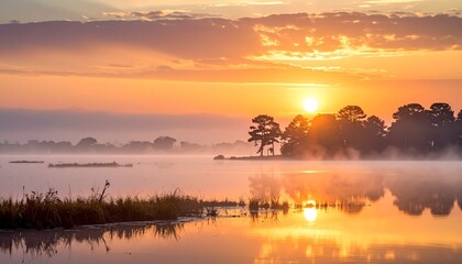 Fototapeta premium Foggy auntum forest over lansdscape