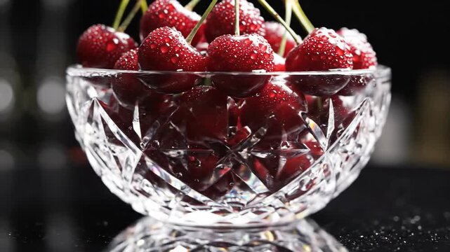 Shiny cherries in a crystal bowl displayed for gourmet presentation
