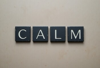 Obraz premium Relaxation Concept with Black Tiles Spelling Out Calm on Neutral Background