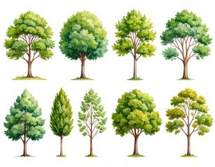 Watercolor illustrations of various trees on a plain white background