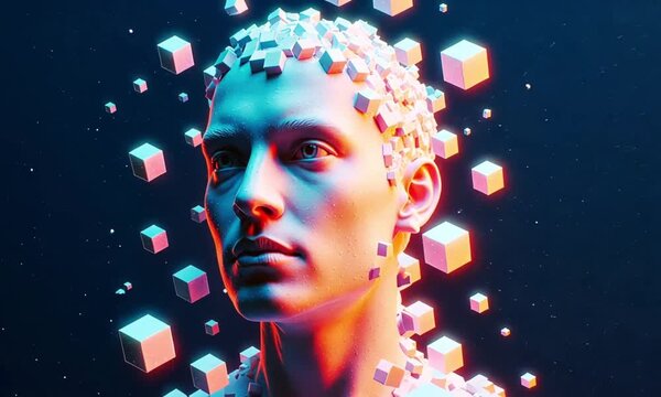 Digital Mindscape Abstract Human Head with Floating Luminous Cubes