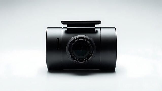 Sleek black cylindrical camera with a lens, mount, and side features, centered against a white gradient