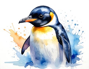 Watercolor painting of a penguin with colorful splashes