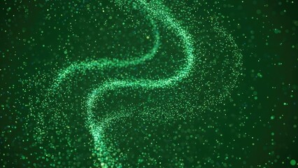 Abstract swirling green particles creating a dynamic, flowing wave of light against a dark background.