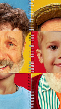 Abstract collage portrait comparing generations and learning perspectives. Concept of knowledge transfer, mentorship and evolving experience, education platforms, social projects and editorials.