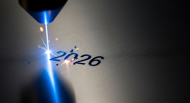 Precision laser engraving creates the year 2026 on a dark surface with bright sparks.