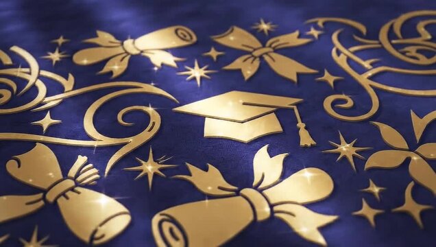 Graduation Celebration Background with Golden Scrolls and Cap.