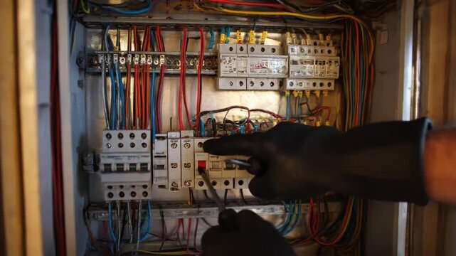 Electrical panel with circuit breakers and colorful wires, representing complex networking and power distribution system. Rising electricity prices problem. Light turns on.