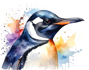 Watercolor style of a penguin's head and neck against a white backdrop