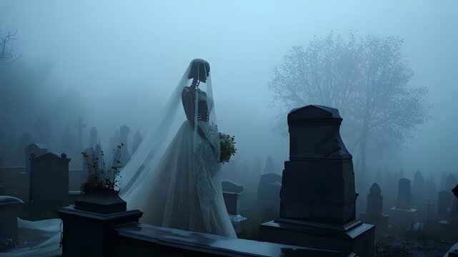 Bride in misty graveyard at dawn, wearing elegant wedding dress