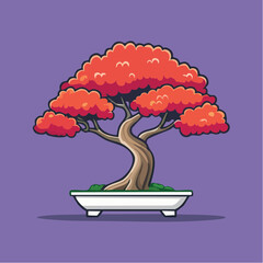 Cartoon illustration of a bonsai tree with red leaves in a white pot against a purple background.