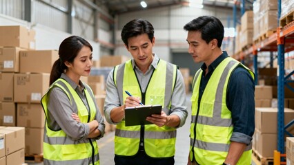 Three warehouse workers in safety vests
