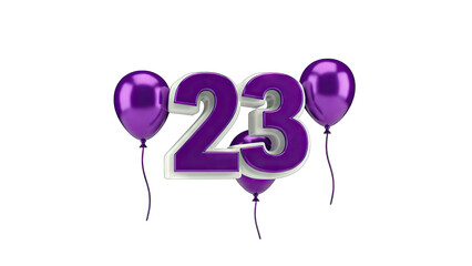 3D Number 23 with Purple Balloons on transparent background
