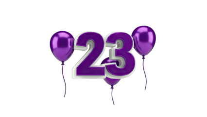 3D Number 23 with Purple Balloons on transparent background