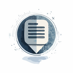 Stylized icon of a text bubble with lines inside, set against a circular background with digital patterns.