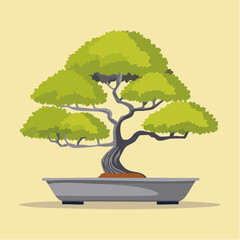 Illustration of a bonsai tree in a gray pot with green leaves and a brown trunk on a yellow background.