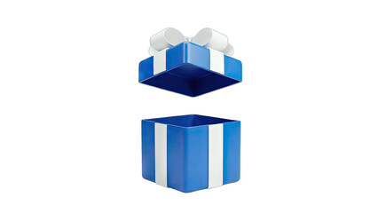 3D Open Blue Gift Box with White Ribbon and Stripes on transparent background