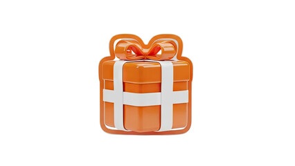 3D Orange gift box with white ribbon and bow on transparent background