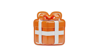 3D Orange gift box with white ribbon and bow on transparent background