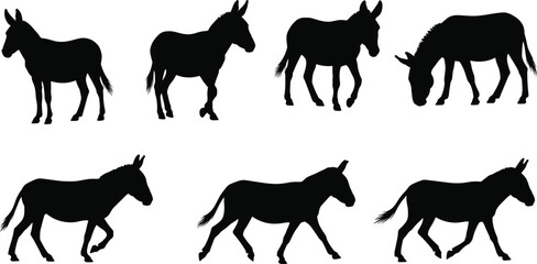 Fototapeta premium Set of Donkey Silhouettes in Various Poses Keywords: donkey, vector illustration icon