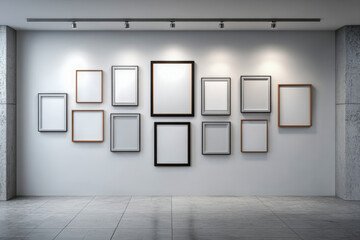 Office wall storyboard of blank picture frames with one open space for ideas