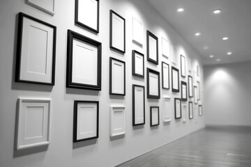 Blank picture frames aligned like a storyboard on minimalist office wall mockup