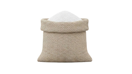 3D Burlap sack filled with white granules on transparent background